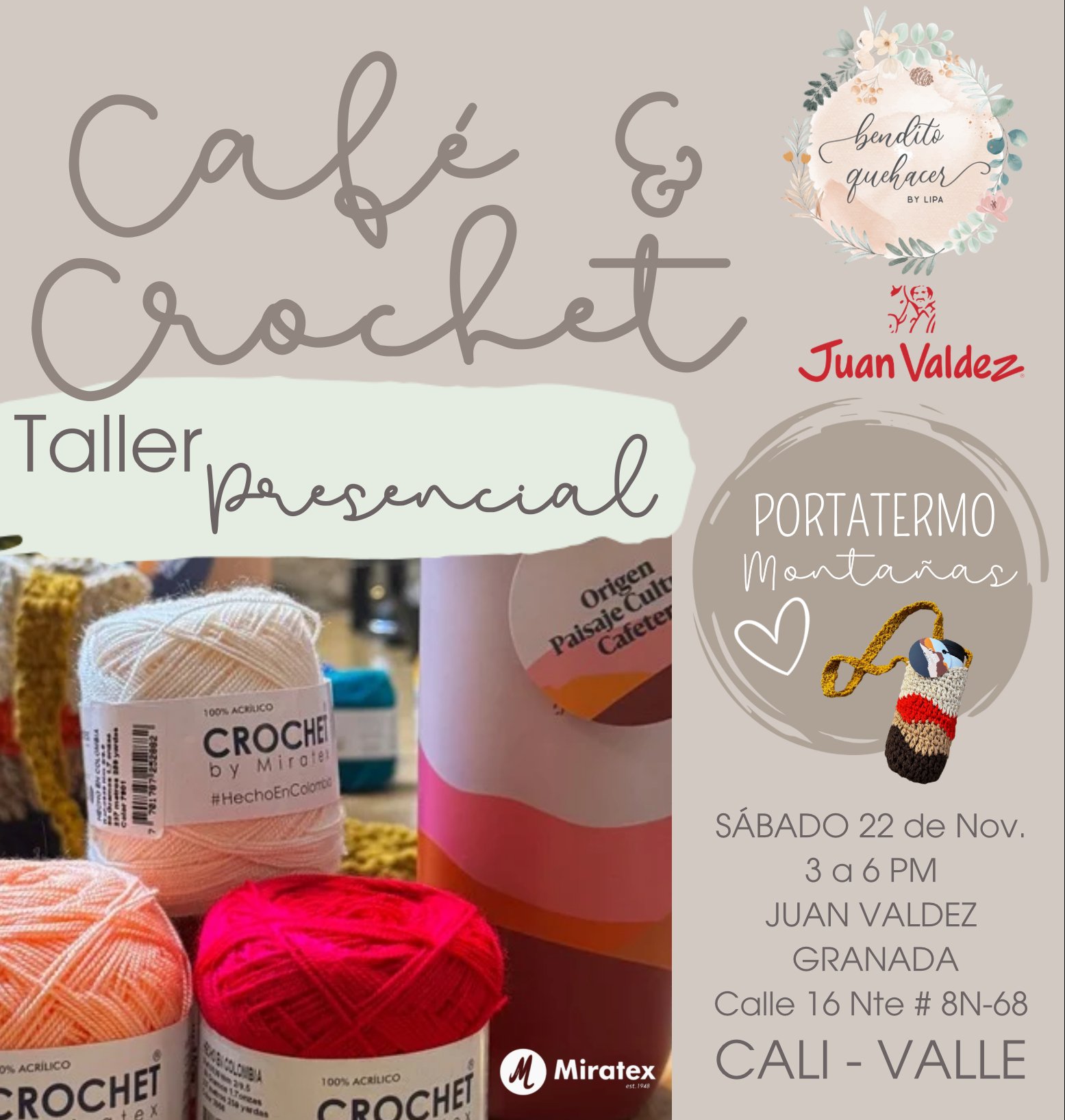 Taller Presencial Cali CafeCrochet Juan Valdez PortaTermo Montaña // 22 Nov. 2025